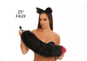 Анальний хутряний пухнастий хвіст без пробки, Чорний с темно-червоним кінчиком, OKOVA 60 см. Sex Aura