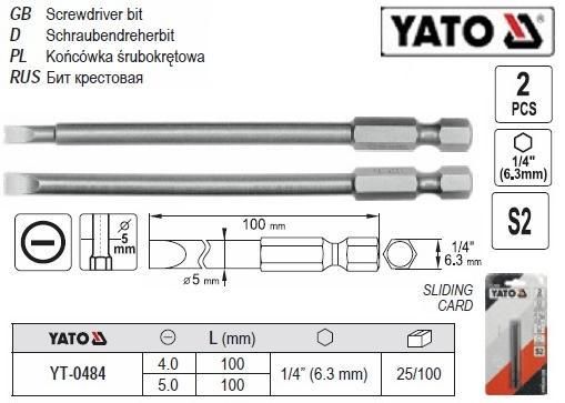 Набор бит насадка отвертки шлиц SL4, SL5 х 100мм 2 штуки  YATO YT-0484 | Зображення 1