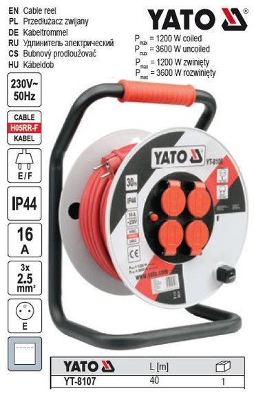 Удлинитель сетевой YATO Польша катушка заземление кабель 3х2,5² l=40 м YT-8107
