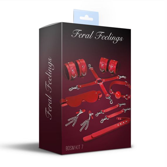 Набір Feral Feelings BDSM Kit 7, наручники, поножі, конектор, маска, паддл, кляп, затискачі, Червоний | Зображення 1