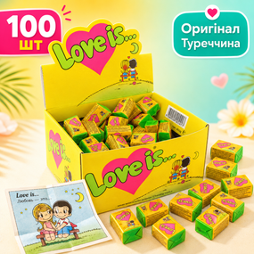Жувальна гумка Love is Кокос-Ананас блок 100 шт, оригінальна турецька жуйка Лав із у жовтій коробці з вкладишами