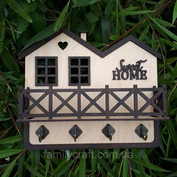 Ключница настенная деревянная с полочкой Sweet Home венге, органайзер держатель для ключей в прихожую на 4 крючка | Зображення 1
