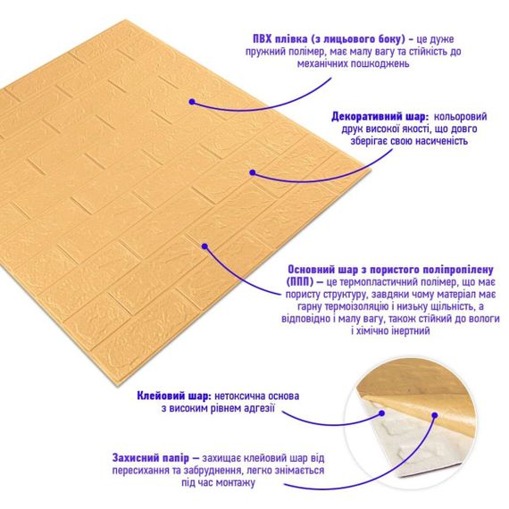 3D панель самоклеюча 700х770х3мм цегла Жовто-пісочна (009-3) SW-00000229 | Зображення 1