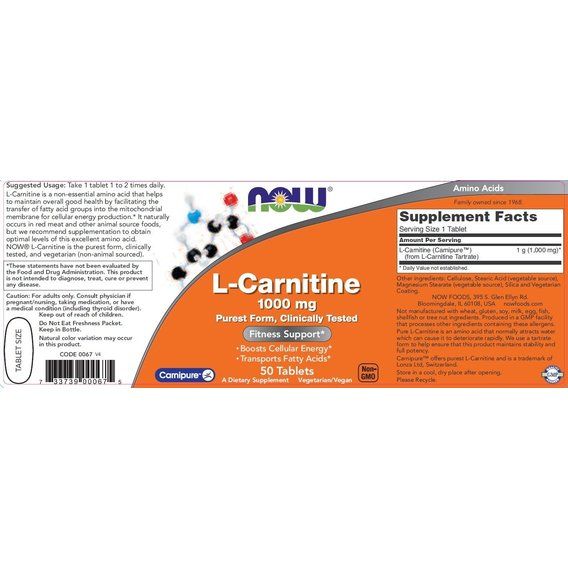 Карнитин NOW Foods L-Carnitine 1000 mg 50 Tabs | Зображення 1