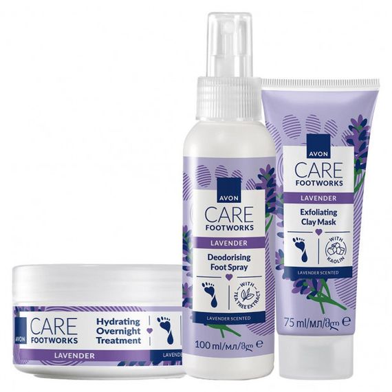 Набір для догляду за ногами Avon Foot Works «Заспокійлива лаванда» 3-в-1 (спрей 100 мл + крем 150 мл + маска 75 мл)