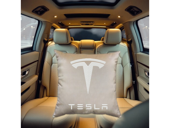 Авто Подушка c вышивкой логотипа марки ТеслаTesla бежевый автомобилисту 03772