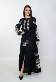 Платье  вышиванка взрослое лен черное длинное