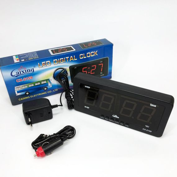 Годинник електронний Caixing CX 2159 12В 220В Настільні Настінні Будильник Чорний корпус Зелені цифри | Зображення 2