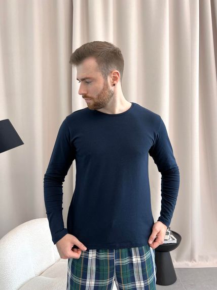 Домашня піжама для чоловіків COSY із фланелі (штани+лонгслів темно синій) в клітину синьо-зелені | Зображення 6