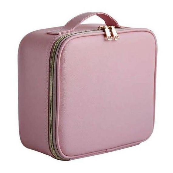 Косметичка-органайзер кожаная с зеркалом LED подсветка Розовая
