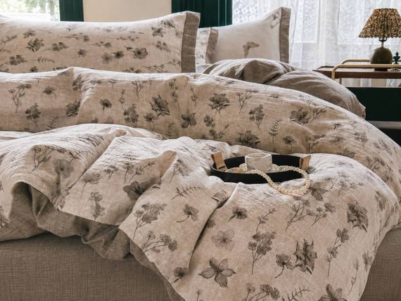 Постельное белье семейное с текстурой льна и с простыню на резинке Colorful Home Print 2 22185 150х210х2 см