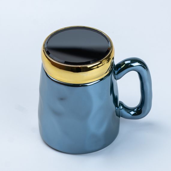 Чашка с крышкой 450 мл керамическая в зеркальной глазури Синяя | Зображення 3