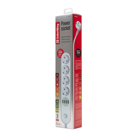 Мережевий фільтр живлення ColorWay CW-CHE44W, 4 розетки/4USB White 2M (CW-CHE44W) | Зображення 6
