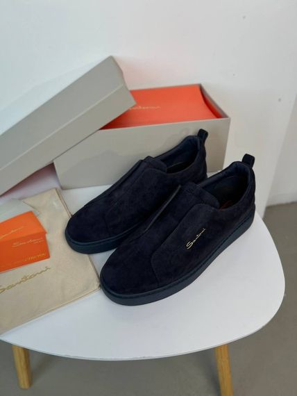 Сліпони Santoni без шнурівки темно-синіі замша ob439