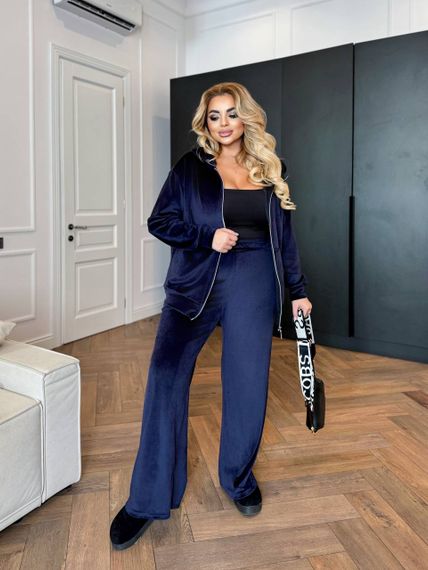 Женский велюровый спортивный костюм на молнии, большие размеры и батал, SS181 цвет темно-синий, размер 48/50 | Зображення 1
