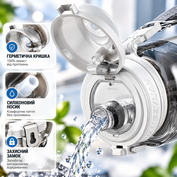 Спортивная бутылка KANGZYUAN 700 мл - Белая Tritan BPA-free, ударопрочная эко-бутылка с фильтром и ремешком | Зображення 2