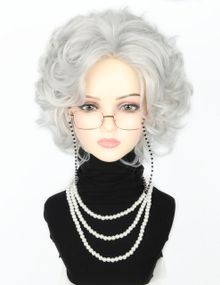 Комплект для образу бабаусі LeMarnia - світла сива перука, окуляри, намисто, для костюмів, Хелловіну та вечірок