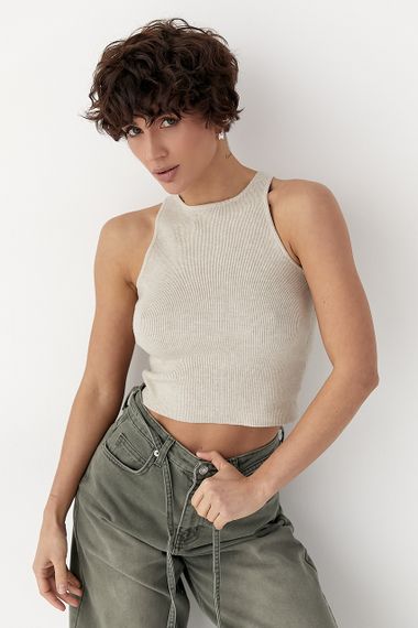 В'язана коротка майка в рубчик - бежевий цвет, ONE SIZE (є розміри) | Зображення 4