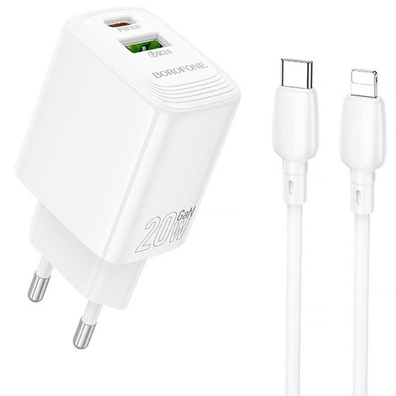 МЗП Borofone BN27 Fuente PD20W+QC3.0 (1USB-A/1C) + кабель Type-C to Lightning White