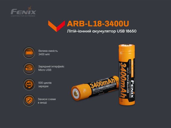 Акумулятор 18650 Fenix (3400 mAh) micro usb заряджання | Зображення 8