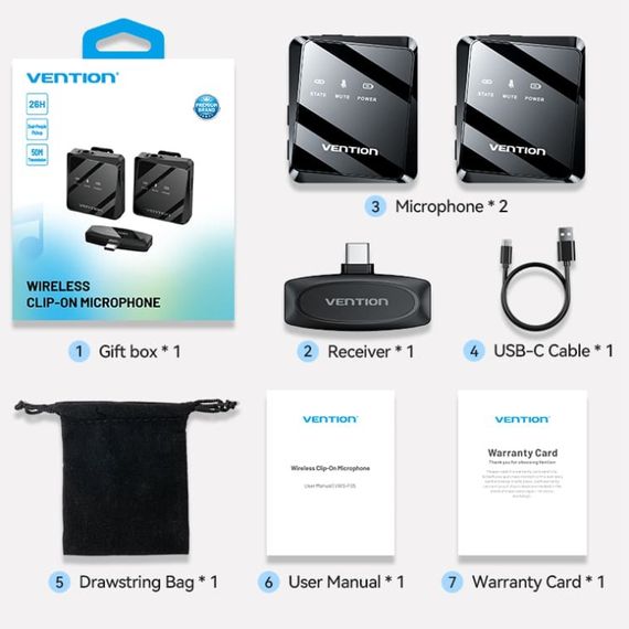 Бездротовий подвійний петличний мікрофон Vention USB-C 2-Pack Wireless Lavalier Black | Зображення 5