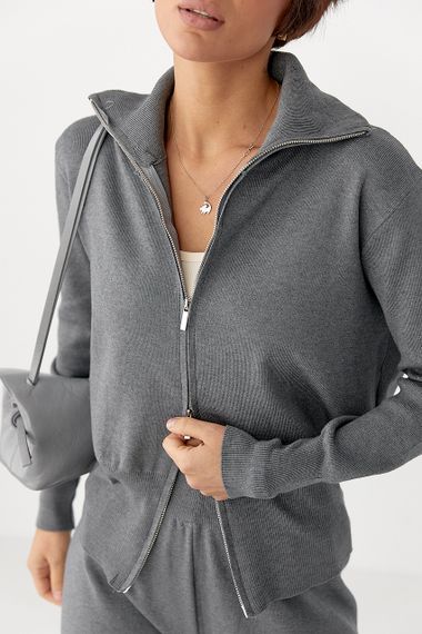 Трикотажний костюм із коротким кардиганом на блискавці та широкими штанами - сірий цвет, ONE SIZE (є розміри) | Зображення 3