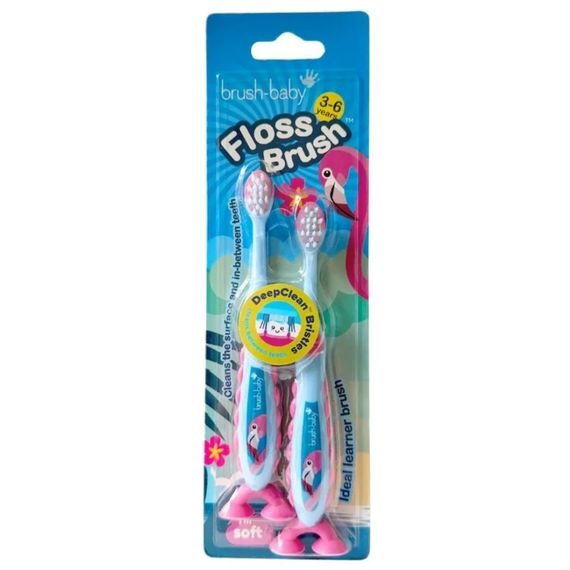 Дитяча зубна щітка на ніжці-липучці Brush-Baby FlossBrush Фламінго (3-6 років), подвійна упаковка