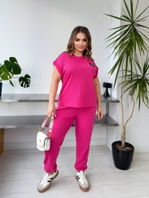 Женский спортивный костюм с лампасами штаны и футболка KF045 цвет розовый размер 56/60