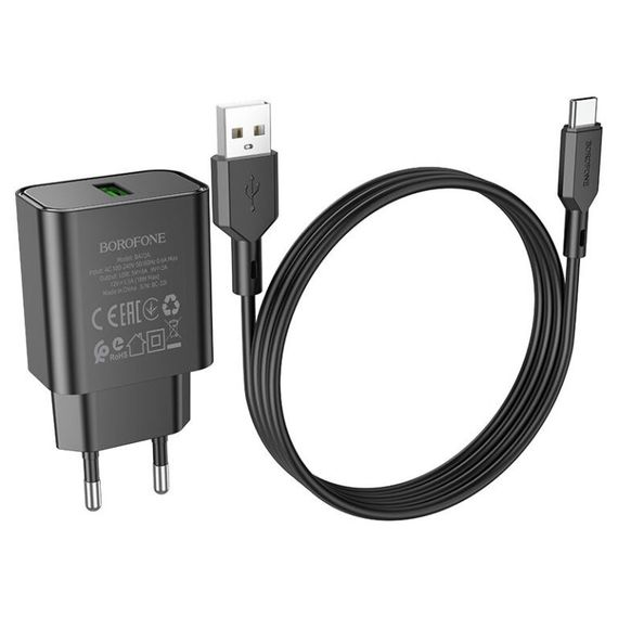 СЗУ Borofone BA72A Spring QC3.0 (1USB-A) + кабель USB to Type-C Black | Зображення 2