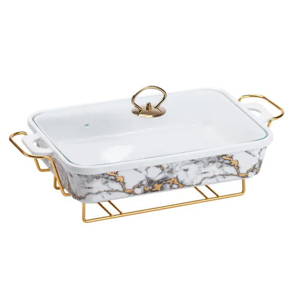 Настільна мармітниця 2 літра марміт прямокутний порцелянаовий 40х23х11 см для других страв Мармур HP1033 | Зображення 1