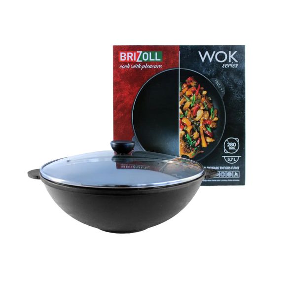 Сковорода Wok чавунна Brizoll 28 см 3,7 л W28-1 глибока зі скляною кришкою для всіх плит | Зображення 2