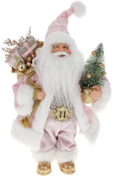 Інтерєрна новорічна фігурка Santa з подарунками з ялинкою 30см рожевий та срібло з паєтками