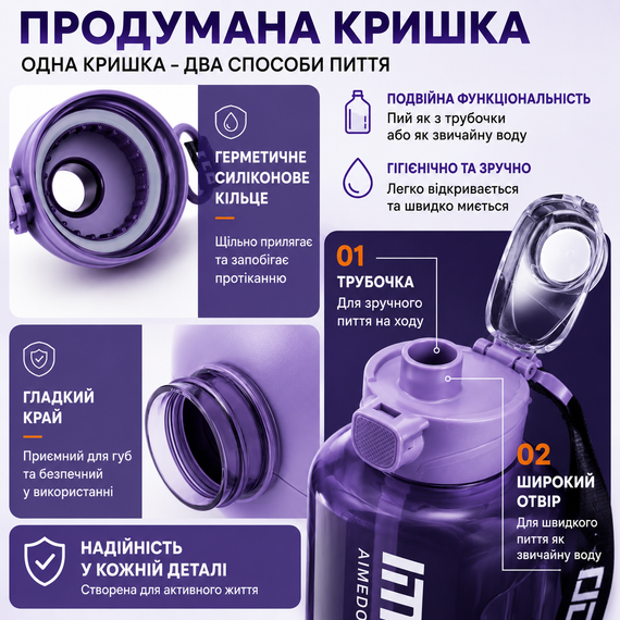 Спортивная бутылка для воды 1.7 л (1700 мл) фиолетовая, ЭКО пластик BPA Free с ручкой и ремешком | Зображення 5
