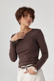 Однотонний лонгслів із сітчастою окантовкою - коричневий цвет, S (є розміри)