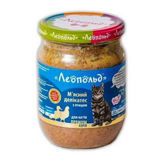 ЛЕОПОЛЬД М'ясні делікатеси з птицею для котів, скляна банка 500 г (6шт/уп)