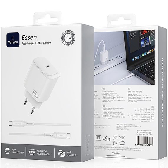 СЗУ WIWU G008 Essen PD30W GaN (1USB-C) + кабель Type-C to Type-C White | Зображення 1