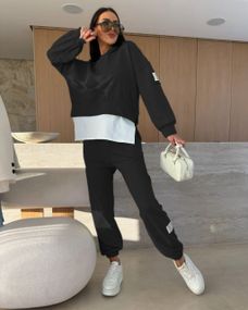 Женский спортивный прогулочный костюм штаны и худи с эффектом футболки, LI2046 цвет черный, размер 50/52