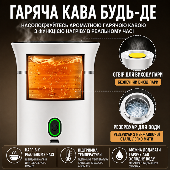 Портативная кофеварка 3 в 1 KF-JN-02 белая, аккумуляторная беспроводная эспрессо машина с USB Type-C для капсул и молотого кофе | Зображення 6