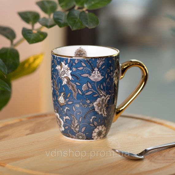 Фарфоровая чашка 400 мл с золотым ободком и золотой ручкой Синяя RX-N240665BL | Зображення 3