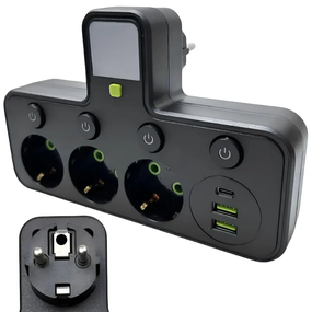 Мережевий фільтр трійник з підсвічуванням 3 розетки (2 USB+Type-C) Чорний