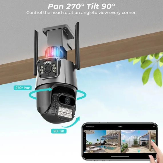 Уличная охранная поворотная WIFI камера Dual Lens Zoom 8MP сирена, зум,  удаленным доступом онлайн | Зображення 1