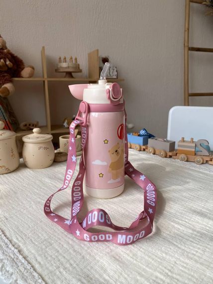Термос дитячий для напоїв з трубочкою 450мл Рожевий з малюнком | Зображення 4