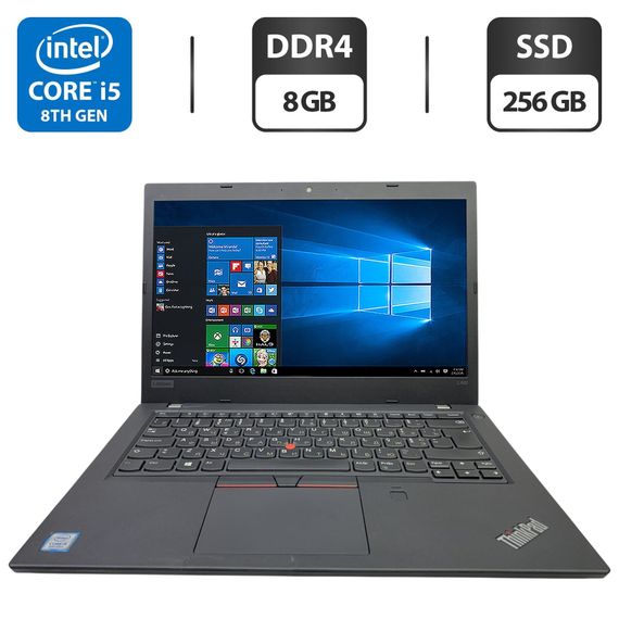 Ультрабук Б-клас Lenovo ThinkPad L480 / 14" (1920x1080) IPS / Intel Core i5-8250U (4 (8) ядра по 1.6 - 3.4 GHz) / 8 GB DDR4 / 256 GB SSD / Intel UHD Graphics 620 / WebCam б/в