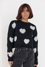 Женский вязаный свитер oversize с сердечками черный цвет M