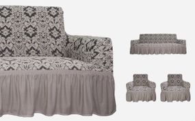 Жакардовый чохол на диван + 2 крісла Damask зі спідницею, слонова кістка