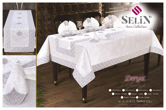 Велюрова скатертина з ранером Selin Derya Set 160×350+12 серветок Кремовий