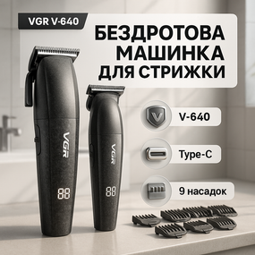 Машинка-триммер 3 в 1 для стрижки волос VGR V-640, Бездротовая машинка для стрижки волос ZP-93