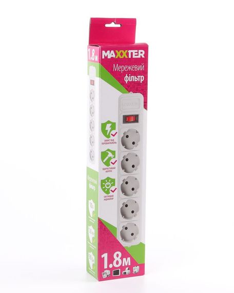 Мережевий фільтр Maxxter SPM5-G-6G, 1.8 м. кабель, 5 розеток, сірого кольору | Зображення 1