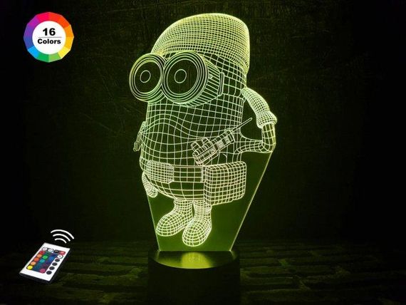 3D светильник ночник с пультом "Миньон военный" 3DTOYSLAMP