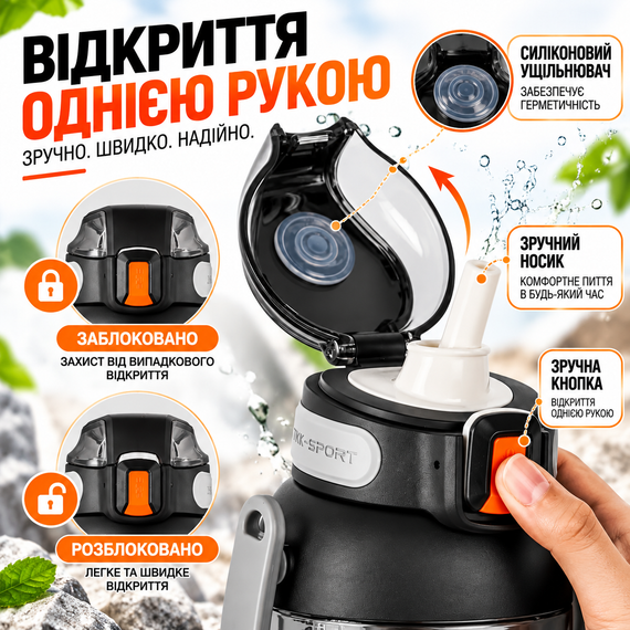 Бутылка для воды TKK 1400 мл спортивная черная Tritan BPA Free ударопрочная с соломинкой, ремешком и ручкой | Зображення 2
